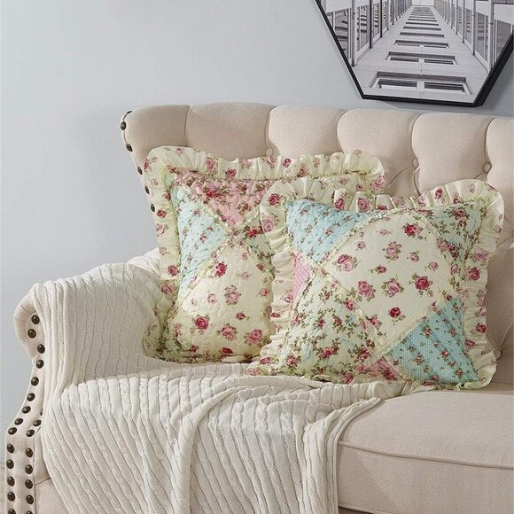 **Brilliant Sunshine** Roses Ruffle Pillow Shams, Decorative Pillow Set of 2 NWT - Picture 1 of 4